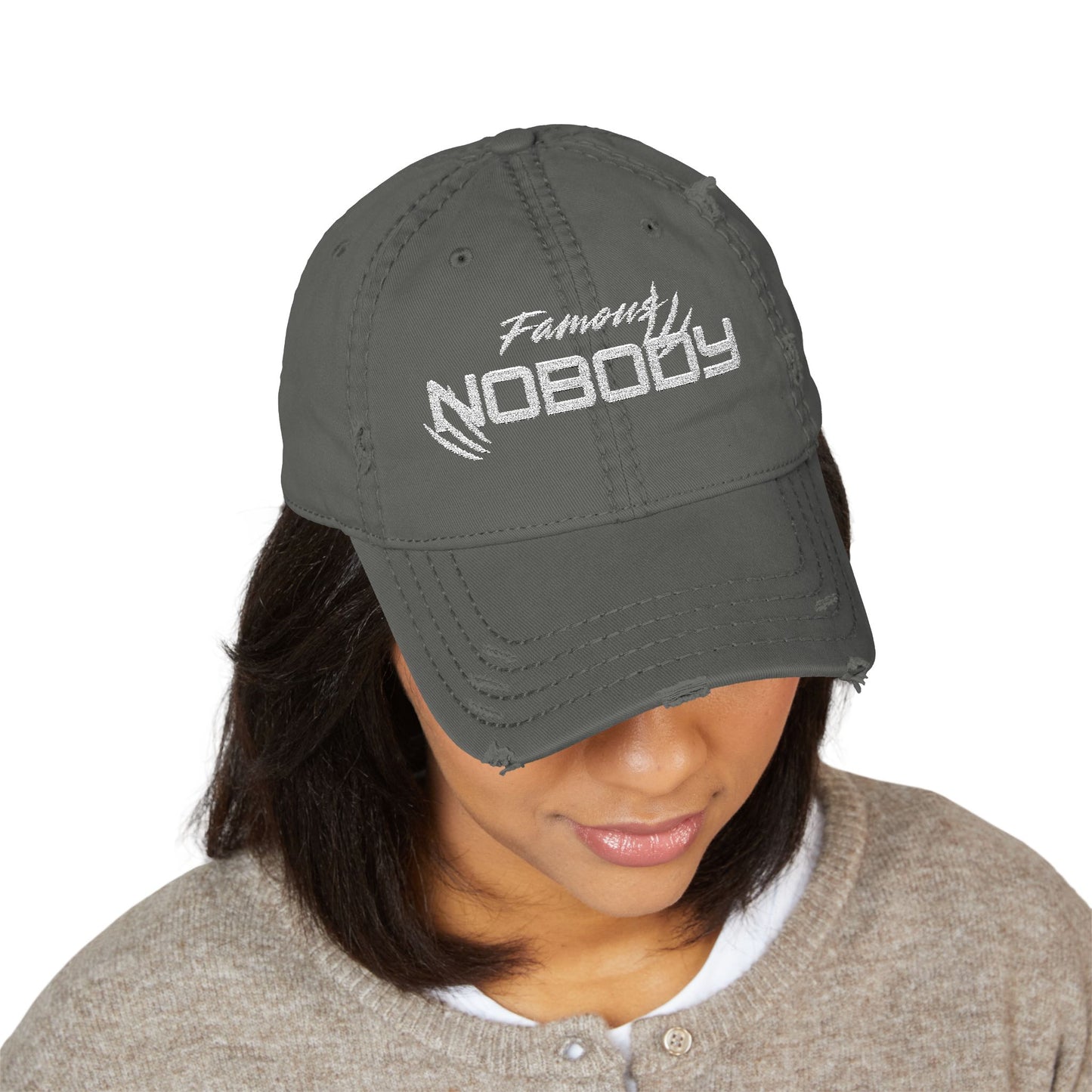 Distressed Dad Hat – Famous Nobody Embroidery, Casual Style Cap for Everyday Wear