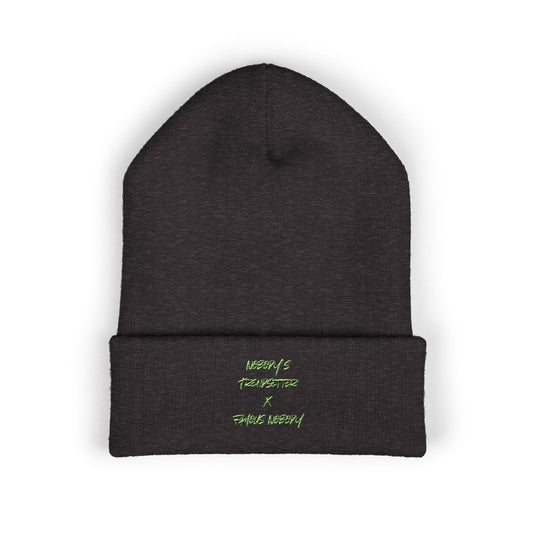 Winter Cuffed Beanie — Embroidered Green Script "Nobody's Trendsetter" Winter Knit Hat