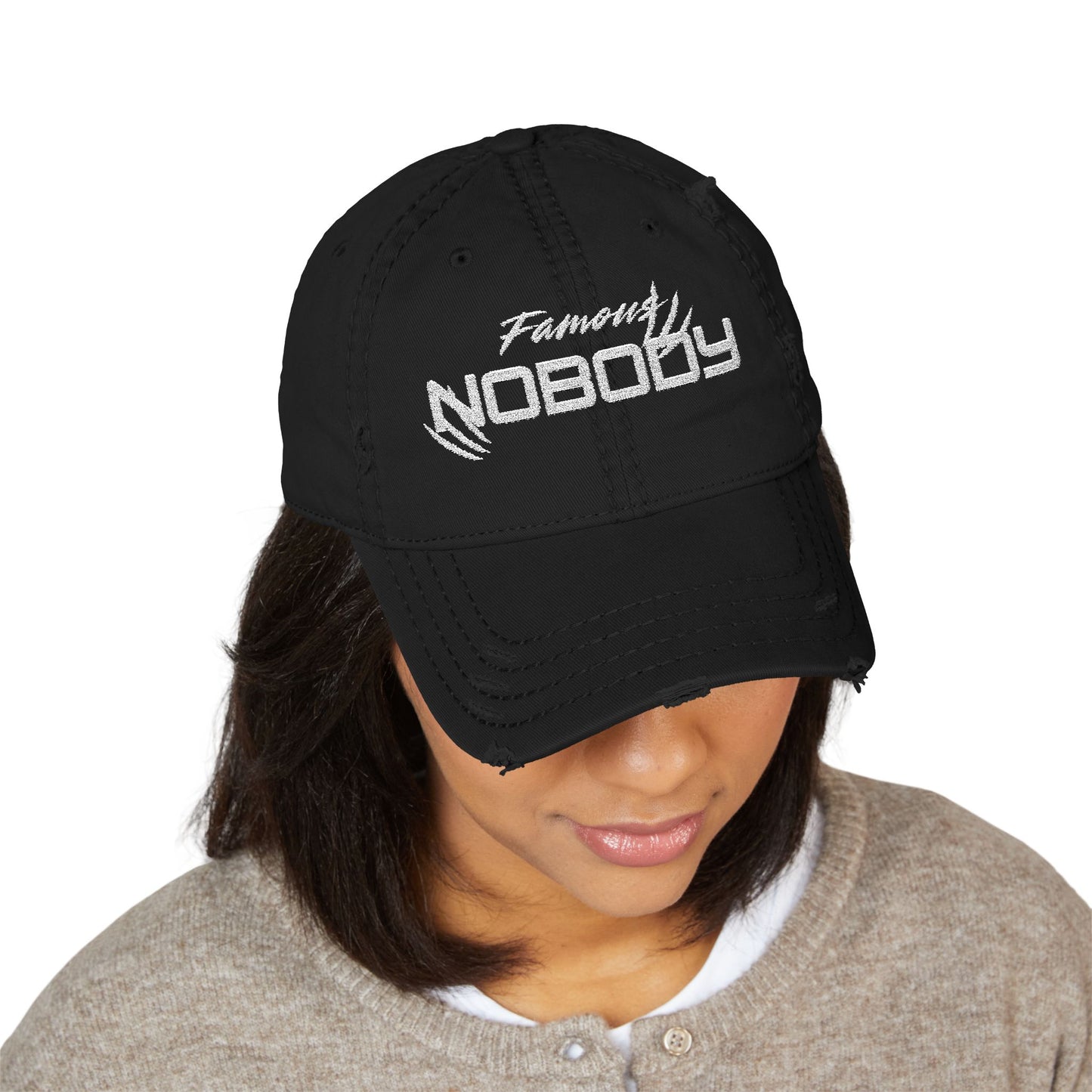 Distressed Dad Hat – Famous Nobody Embroidery, Casual Style Cap for Everyday Wear