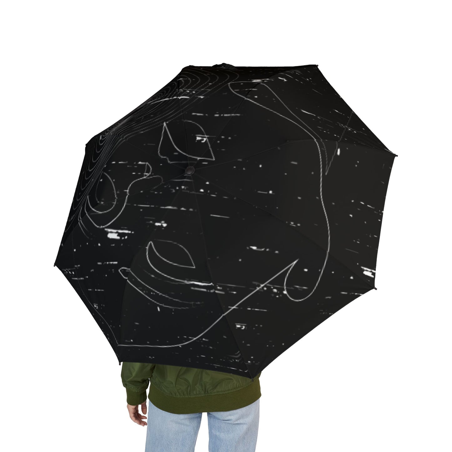 Distorted Face Compact Foldable Umbrella — Black Abstract Print
