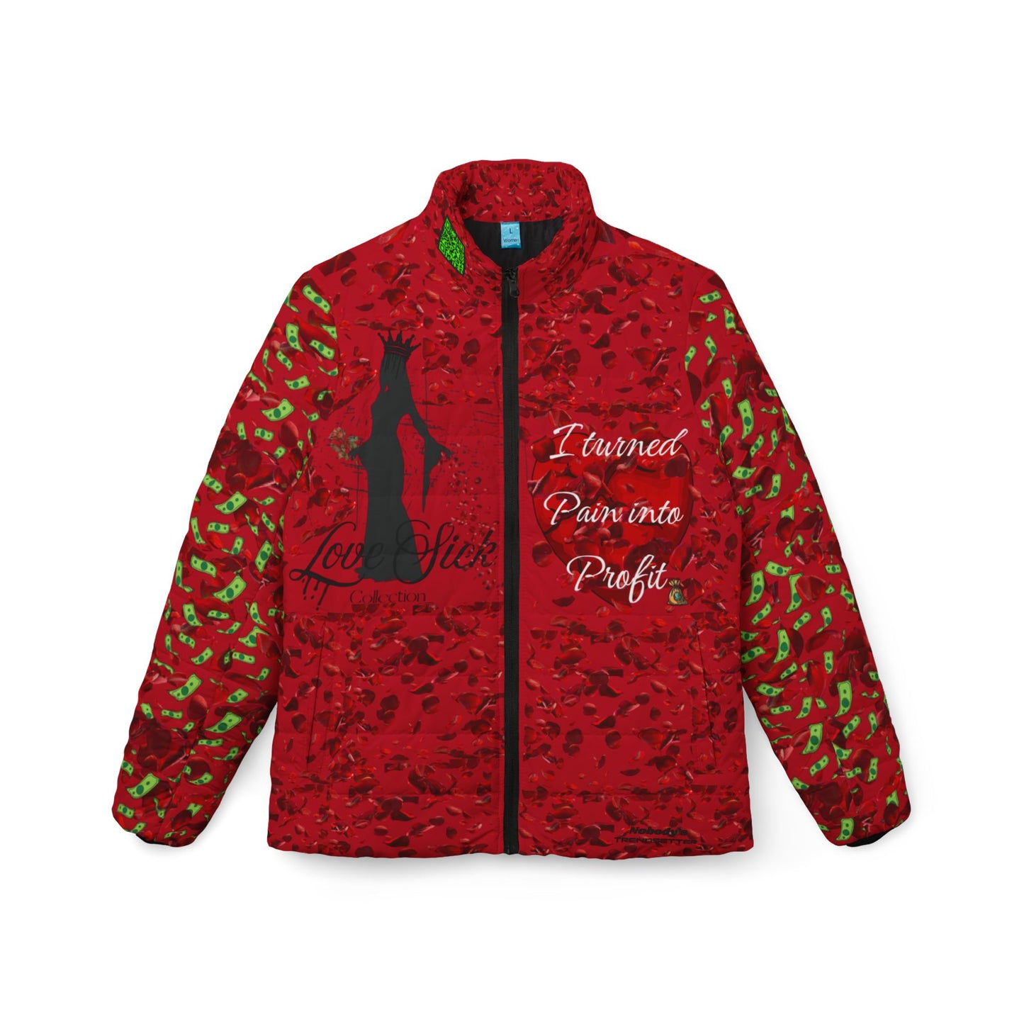 Love Sick Red Rose Women’s Puffer Jacket — Romantic Valentine’s All-Over Print
