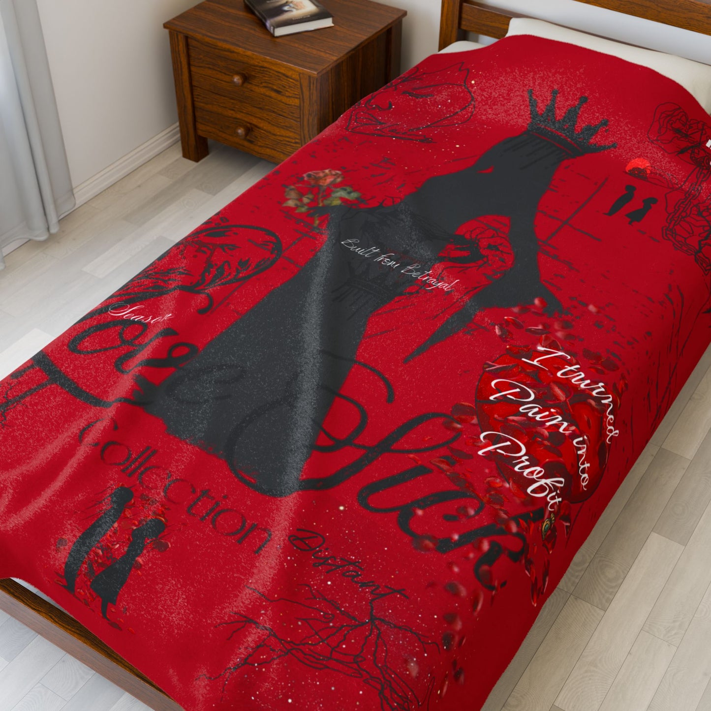 Love Sick Velvet Plush Blanket — Gothic Romantic Red Throw with Crowned Silhouette & Script Text