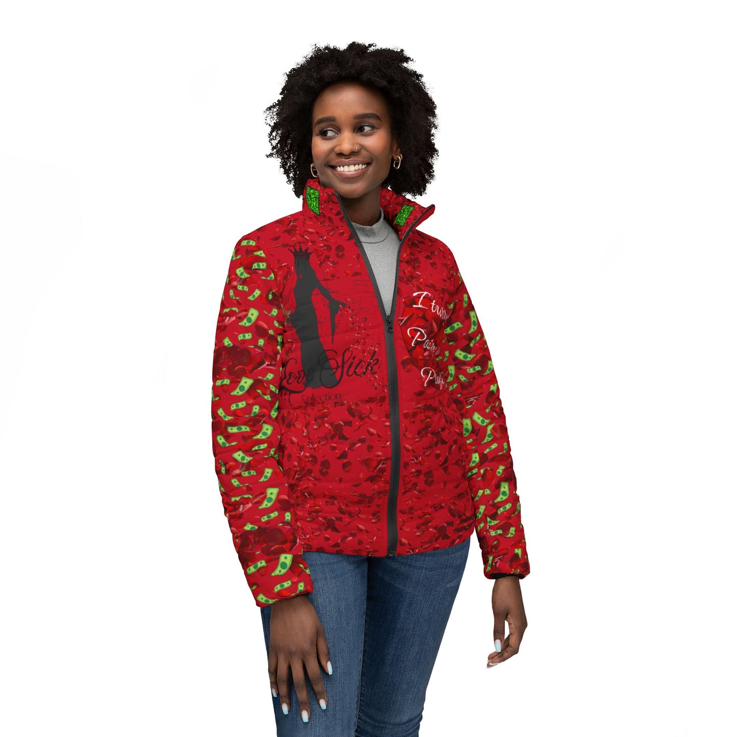 Love Sick Red Rose Women’s Puffer Jacket — Romantic Valentine’s All-Over Print