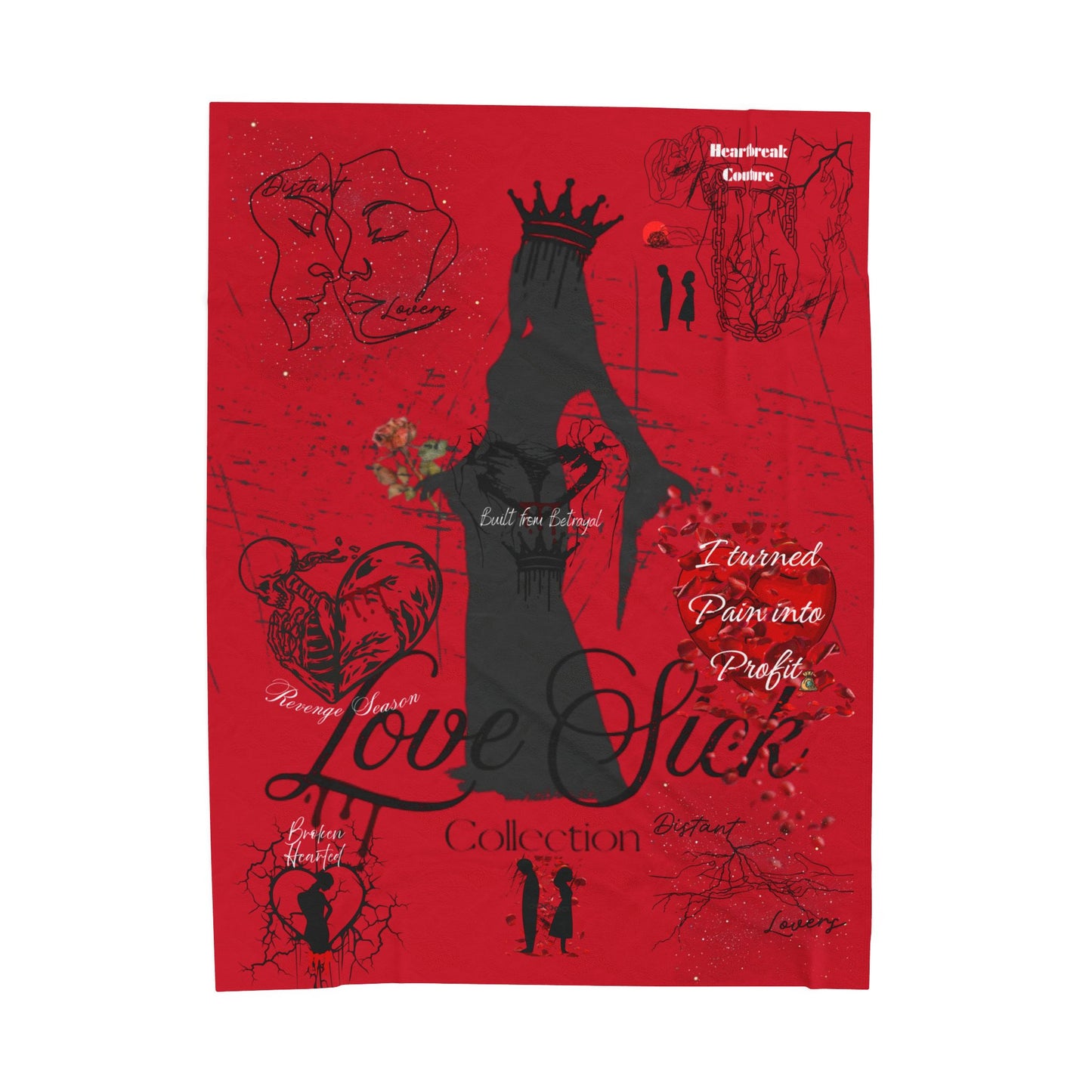Love Sick Velvet Plush Blanket — Gothic Romantic Red Throw with Crowned Silhouette & Script Text