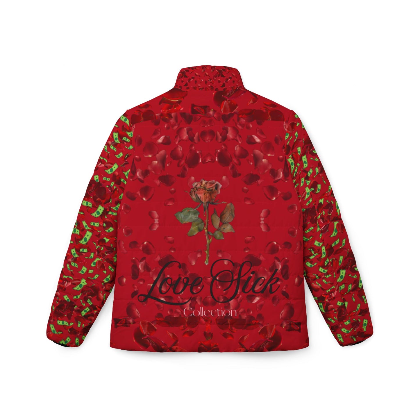 Love Sick Red Rose Women’s Puffer Jacket — Romantic Valentine’s All-Over Print