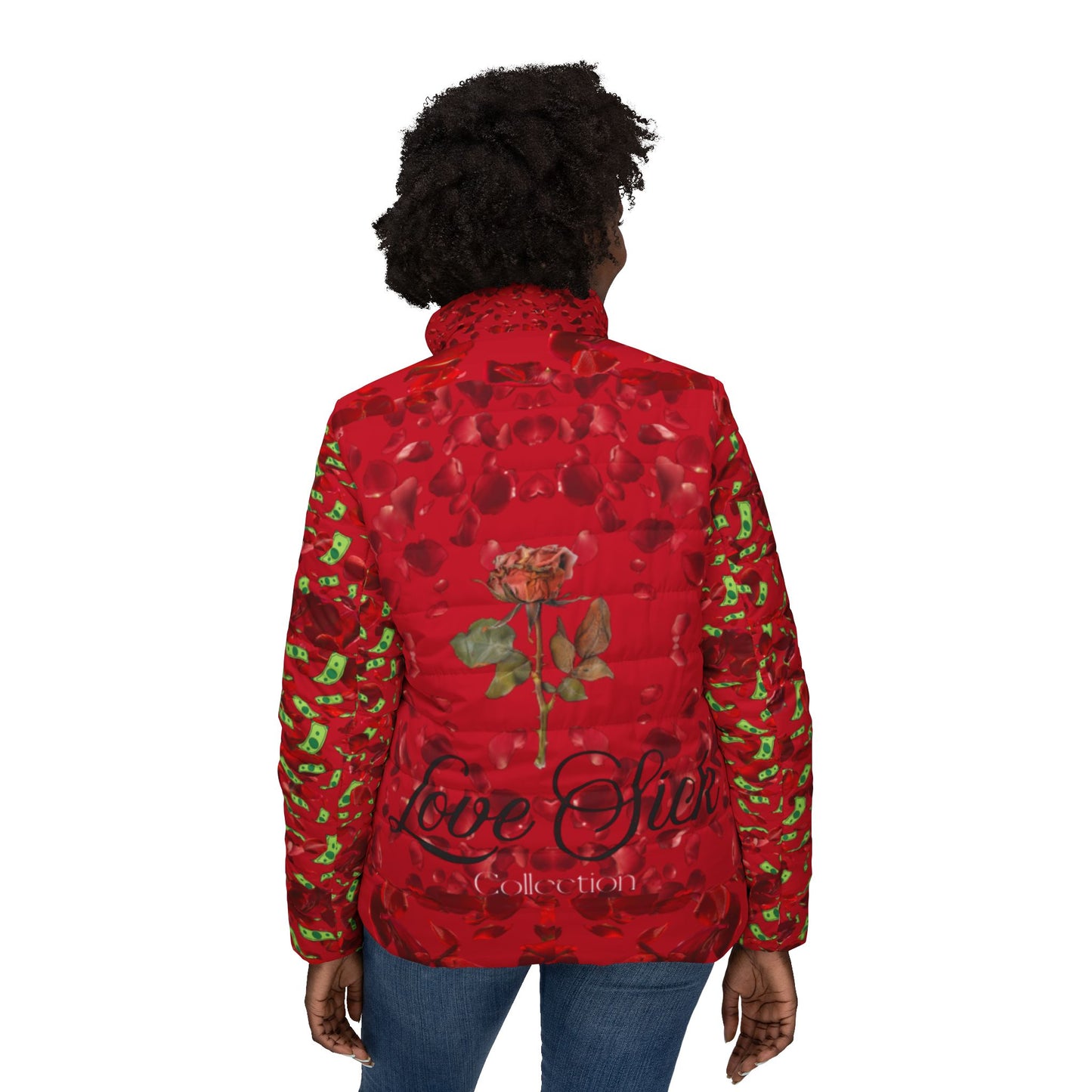 Love Sick Red Rose Women’s Puffer Jacket — Romantic Valentine’s All-Over Print