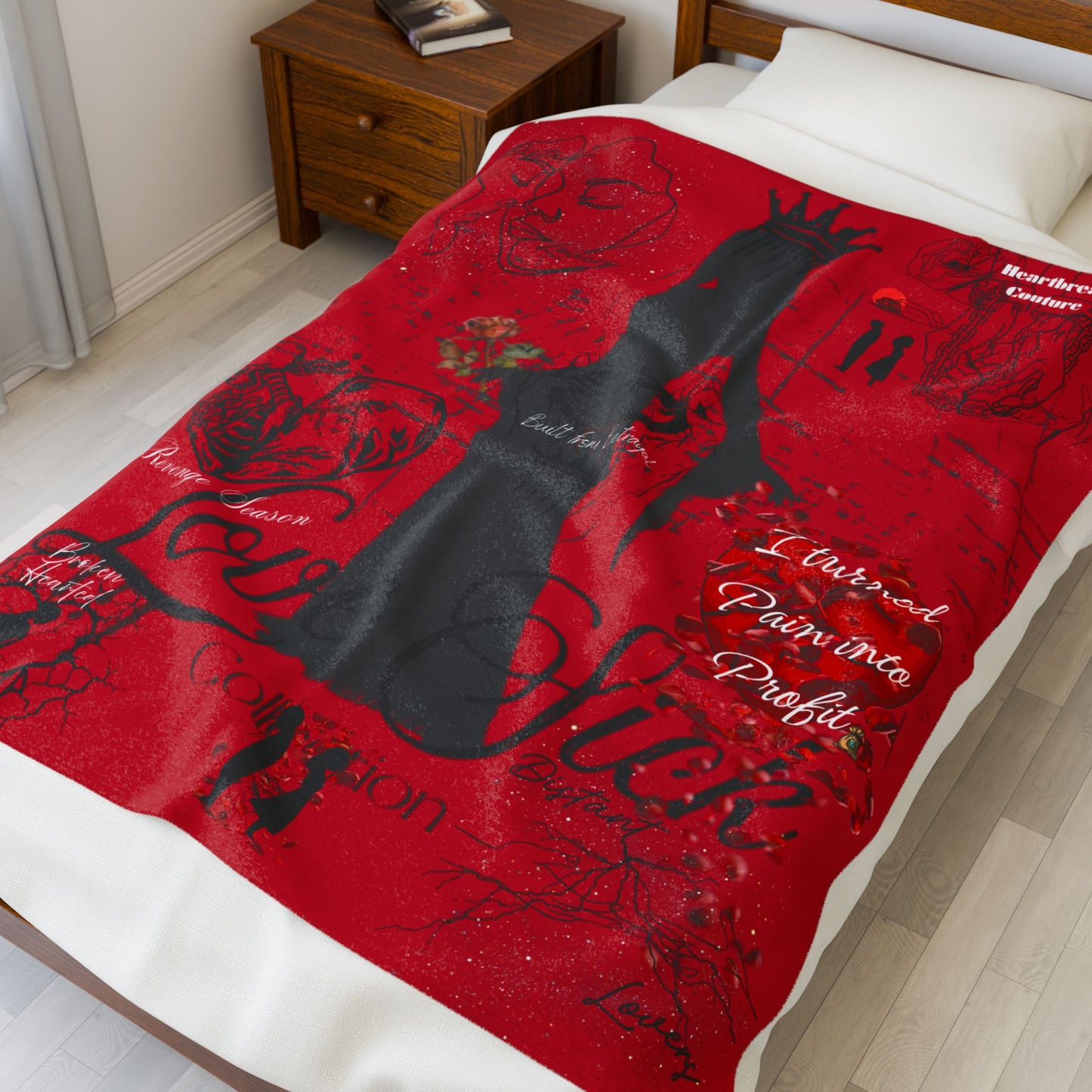 Love Sick Velvet Plush Blanket — Gothic Romantic Red Throw with Crowned Silhouette & Script Text