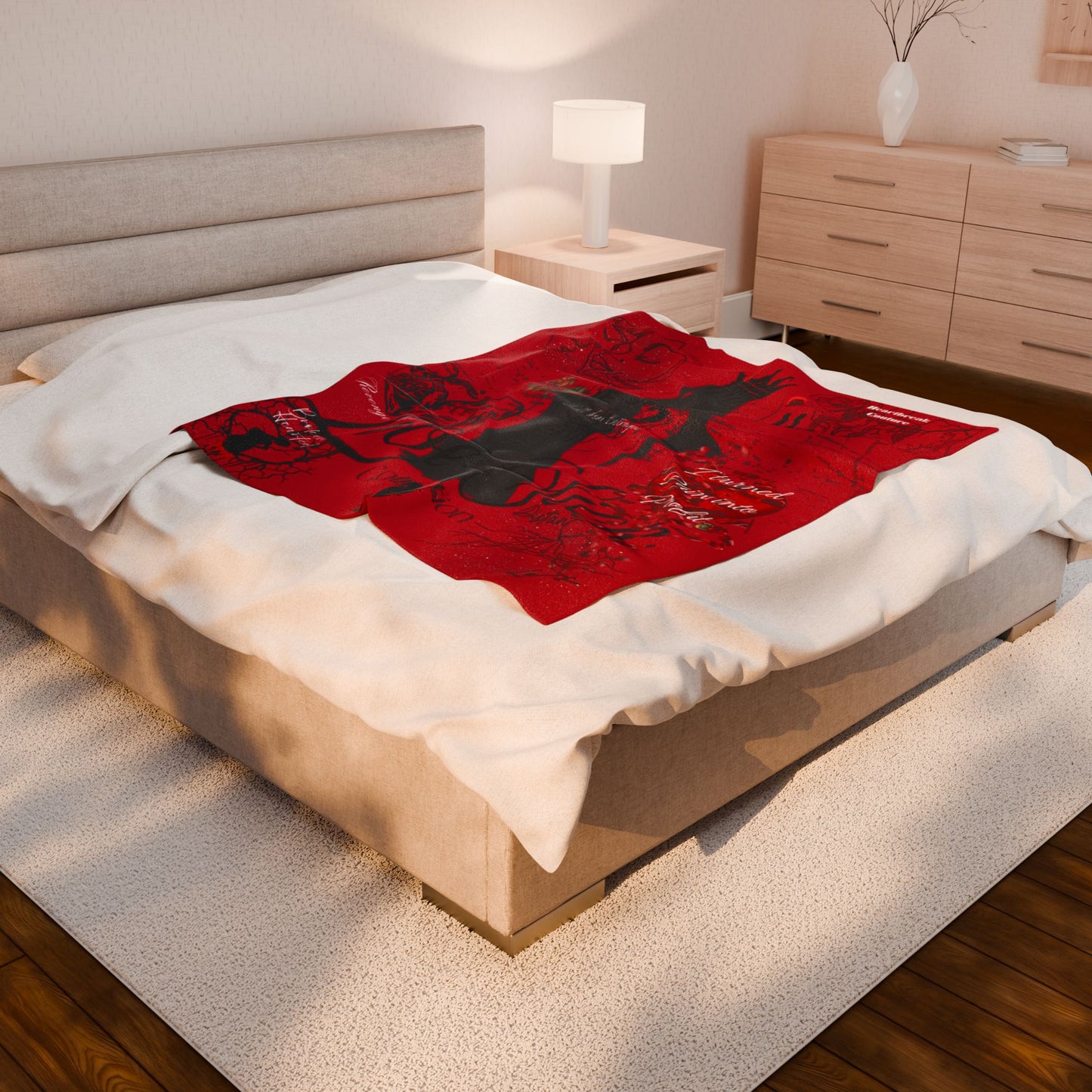 Love Sick Velvet Plush Blanket — Gothic Romantic Red Throw with Crowned Silhouette & Script Text