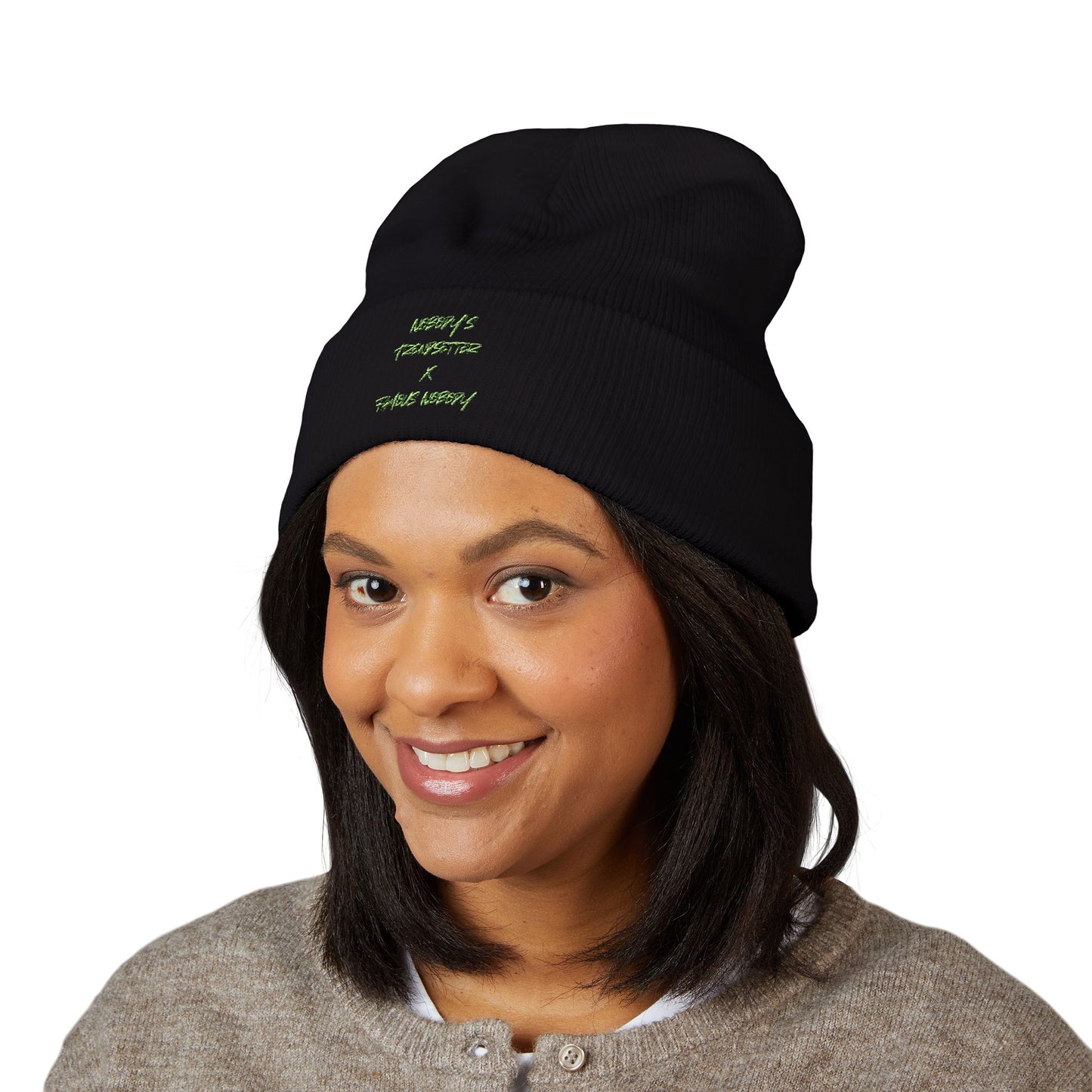 Winter Cuffed Beanie — Embroidered Green Script "Nobody's Trendsetter" Winter Knit Hat