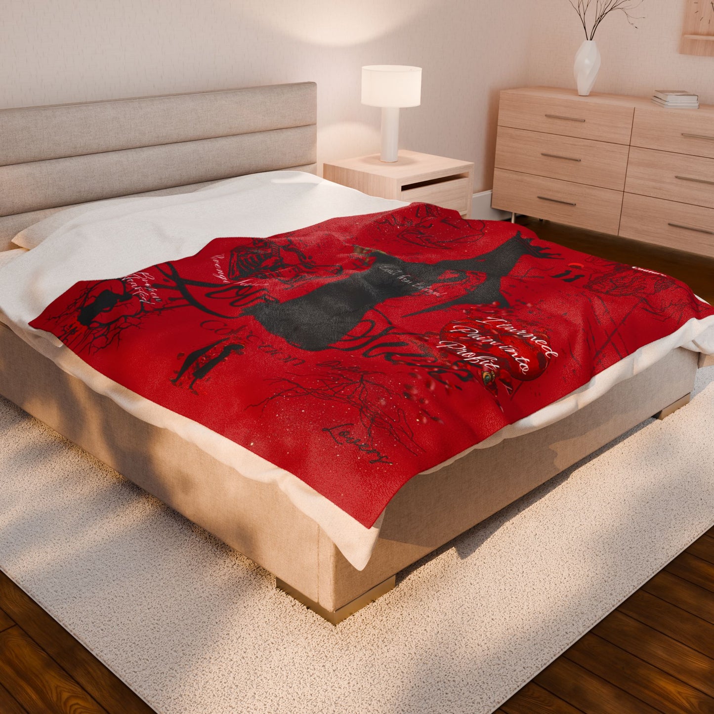 Love Sick Velvet Plush Blanket — Gothic Romantic Red Throw with Crowned Silhouette & Script Text