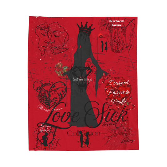 Love Sick Velvet Plush Blanket — Gothic Romantic Red Throw with Crowned Silhouette & Script Text