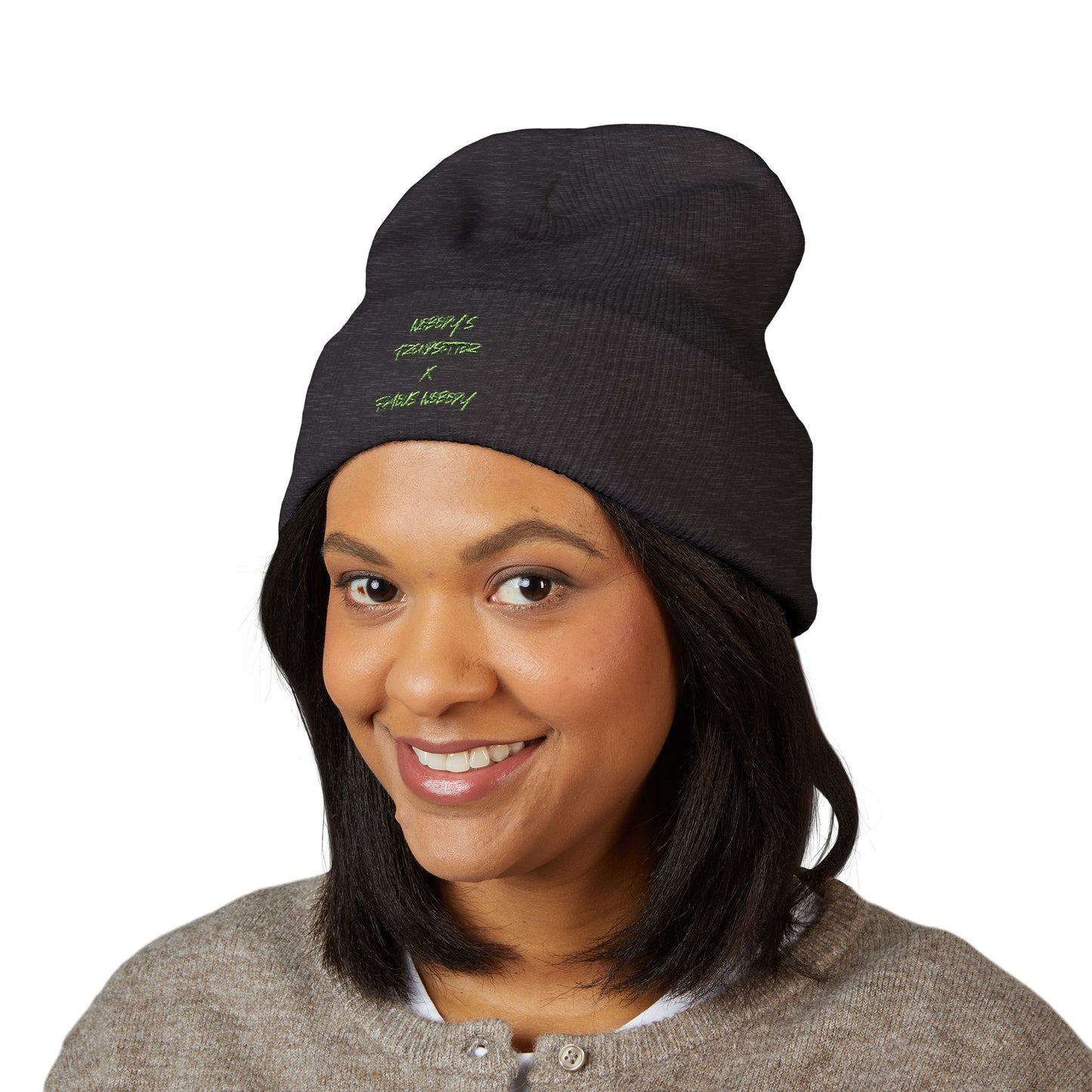 Winter Cuffed Beanie — Embroidered Green Script "Nobody's Trendsetter" Winter Knit Hat