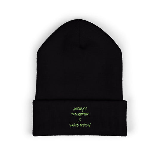Winter Cuffed Beanie — Embroidered Green Script "Nobody's Trendsetter" Winter Knit Hat